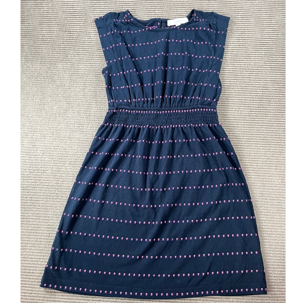 Loft Navy Blue Pink Purple Textured Dot Sleeveless Smocked Waist Dress Petite S